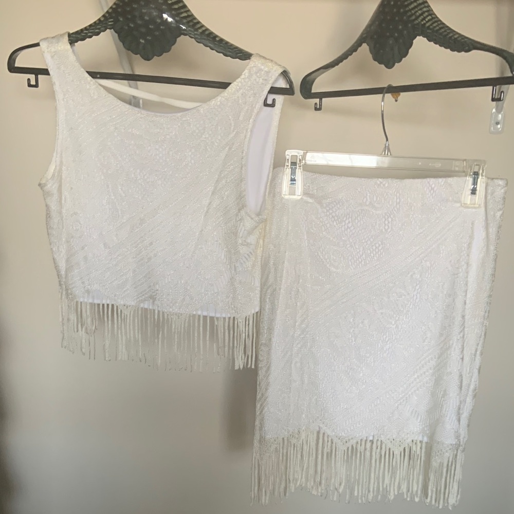 Elegant White Fringe Lace Two-Piece Skirt Set by
